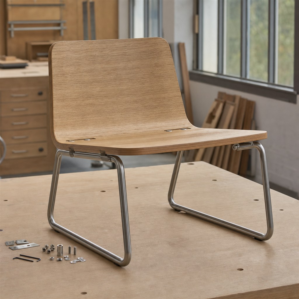 Dining Chair With an Oak Shell and Steel Sled Frame - workshop dry-assembly view