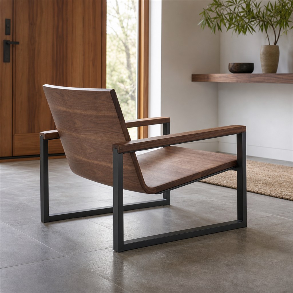 Lounge Chair With Walnut Arms and a Steel Tube Base - alternate full view