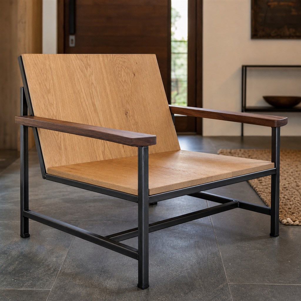 Lounge Chair With Walnut Arms and a Steel Tube Base - steel-frame detail