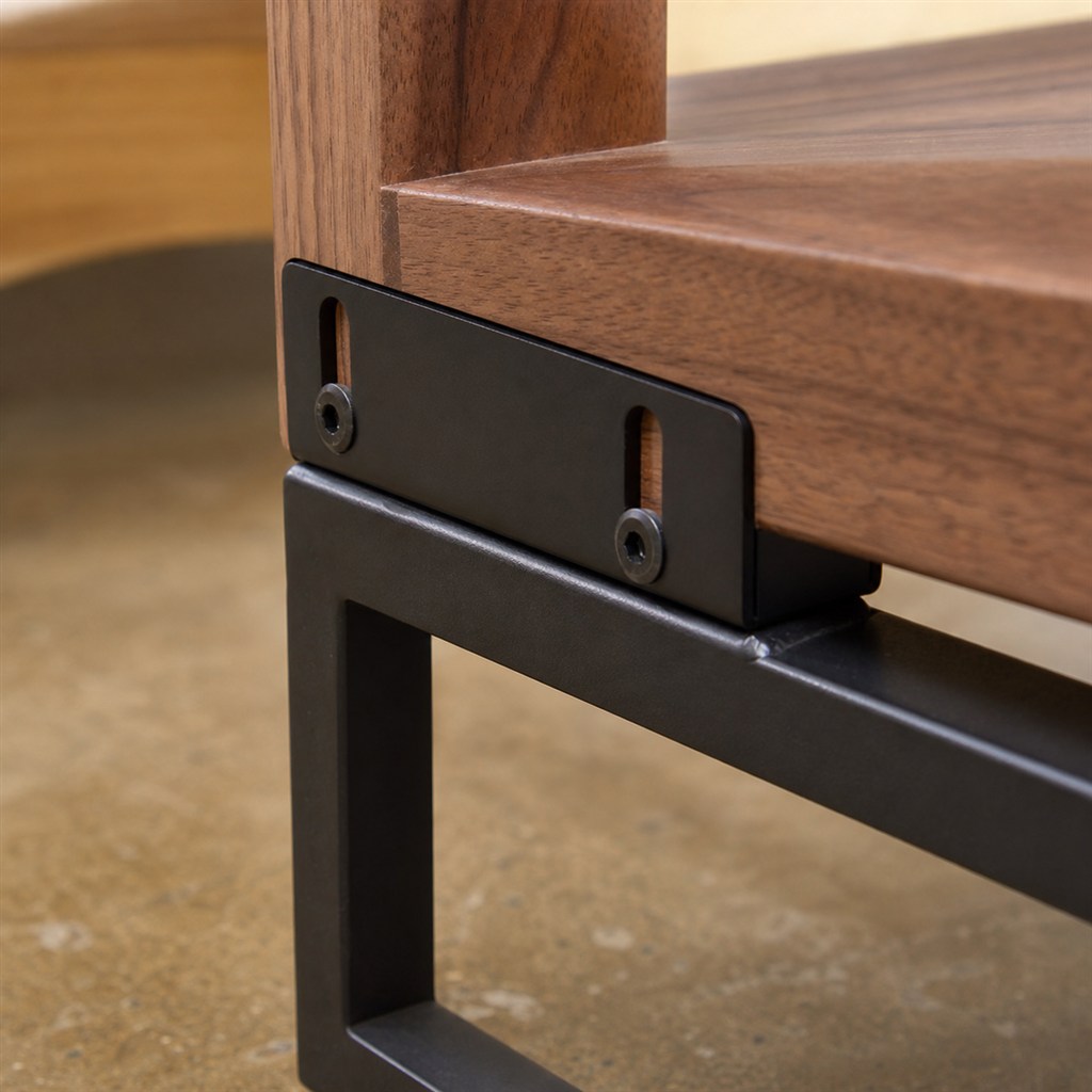 Lounge Chair With Walnut Arms and a Steel Tube Base - wood-to-steel interface detail