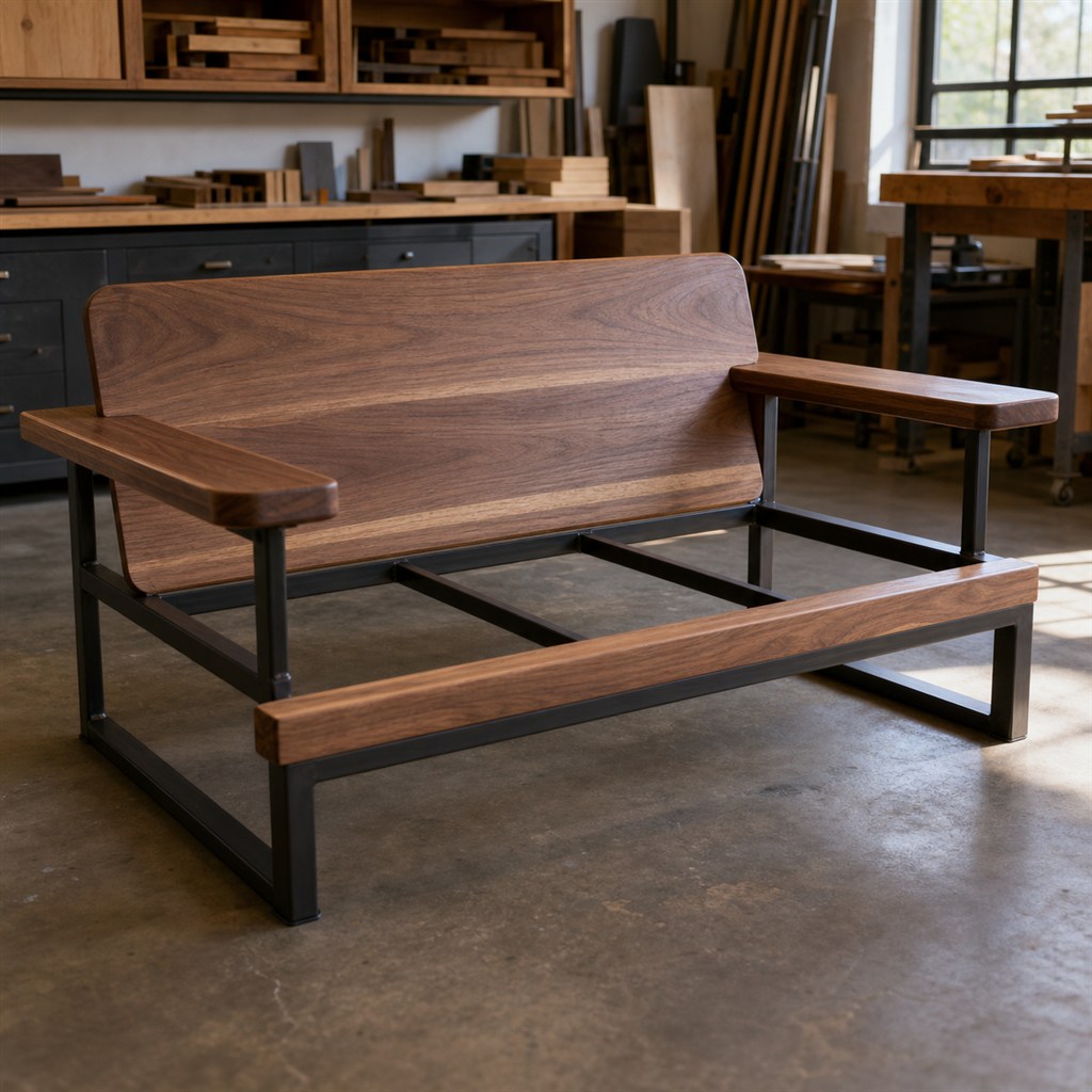Lounge Chair With Walnut Arms and a Steel Tube Base - workshop dry-assembly view