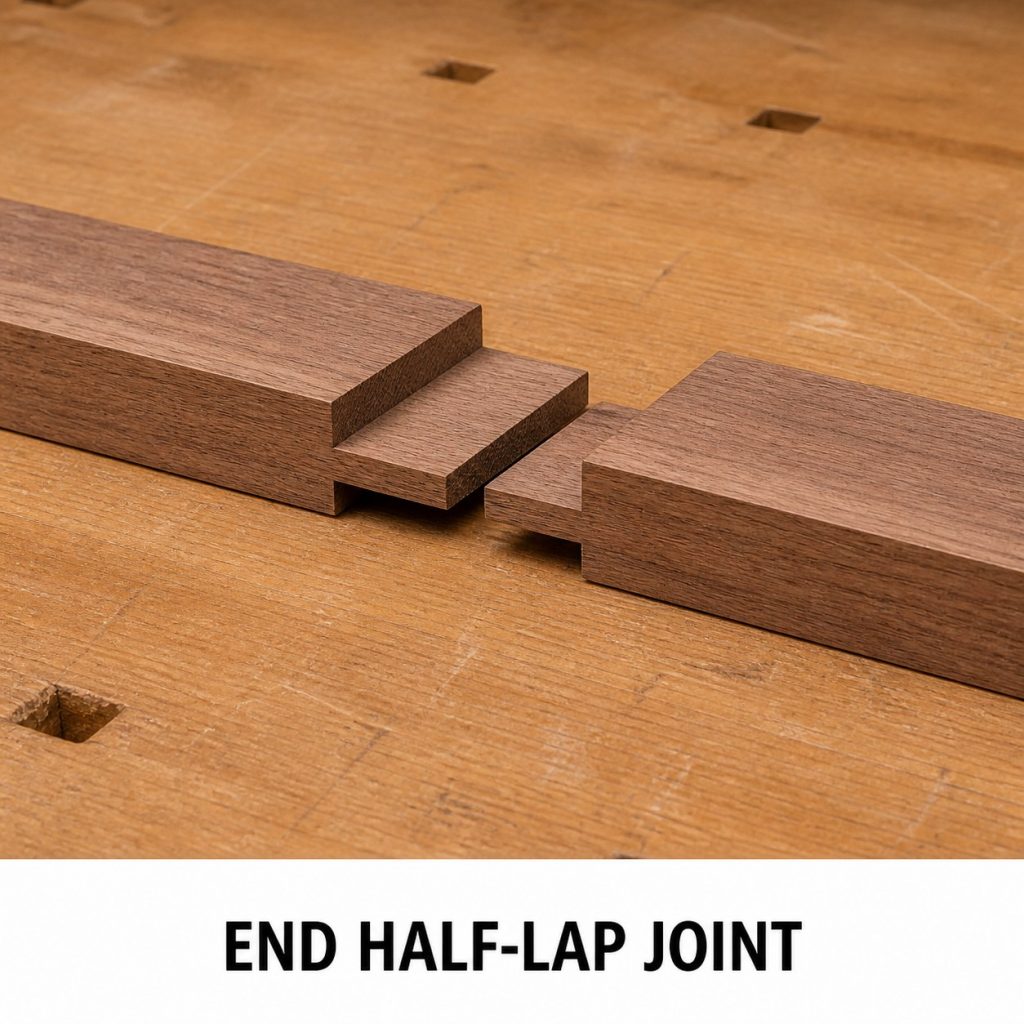 Photorealistic labeled example of End Half-Lap Joint showing the woodworking connection.