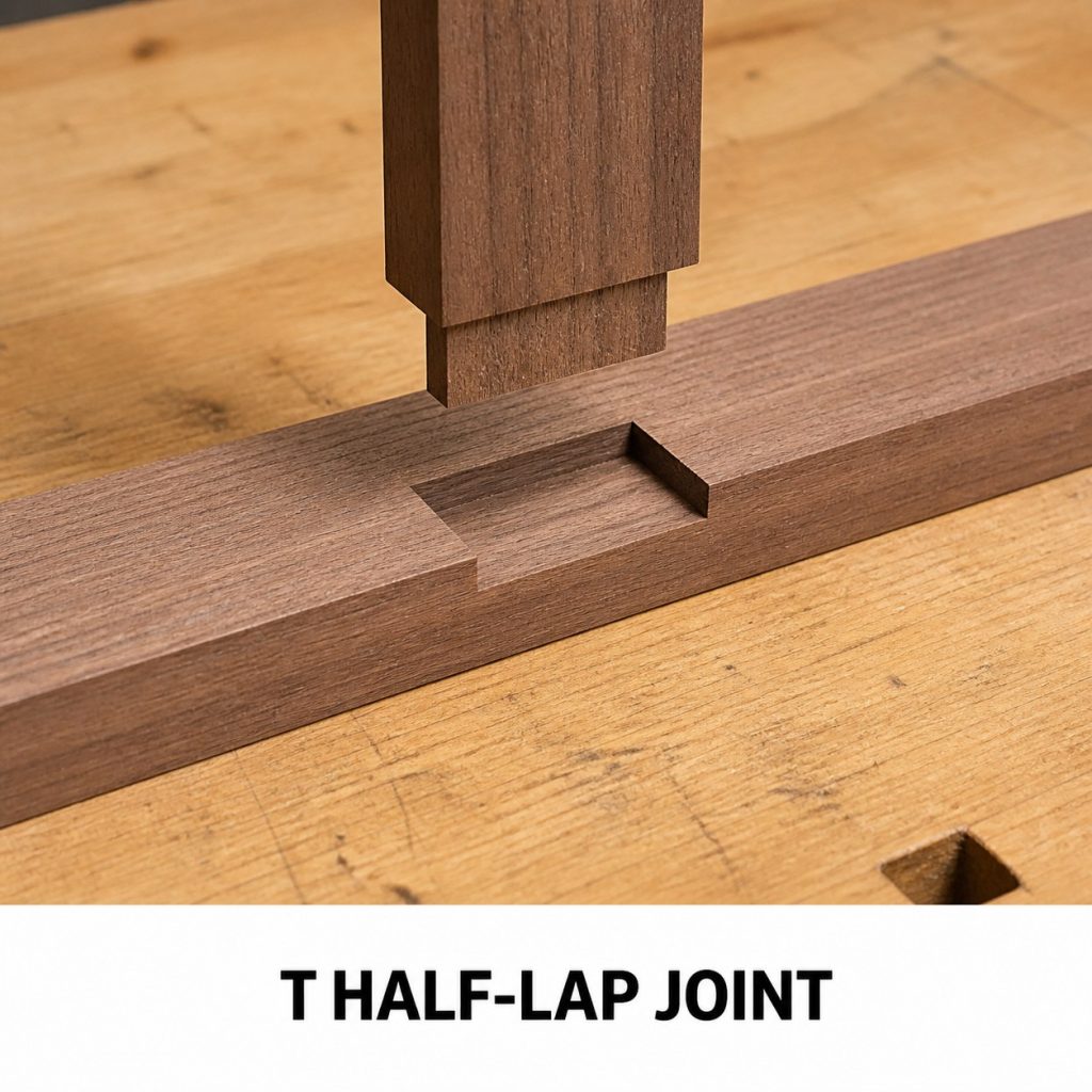 Photorealistic labeled example of T Half-Lap Joint showing the woodworking connection.