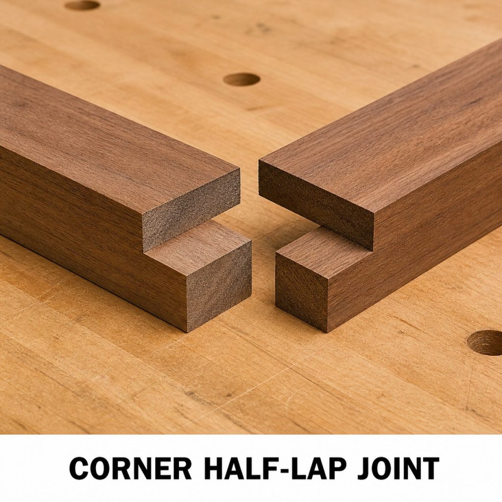 Photorealistic labeled example of Corner Half-Lap Joint showing the woodworking connection.