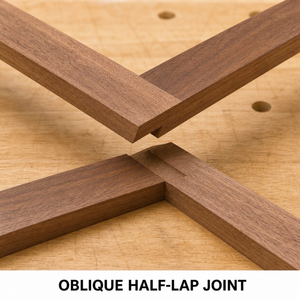 Photorealistic labeled example of Oblique Half-Lap Joint showing the woodworking connection.