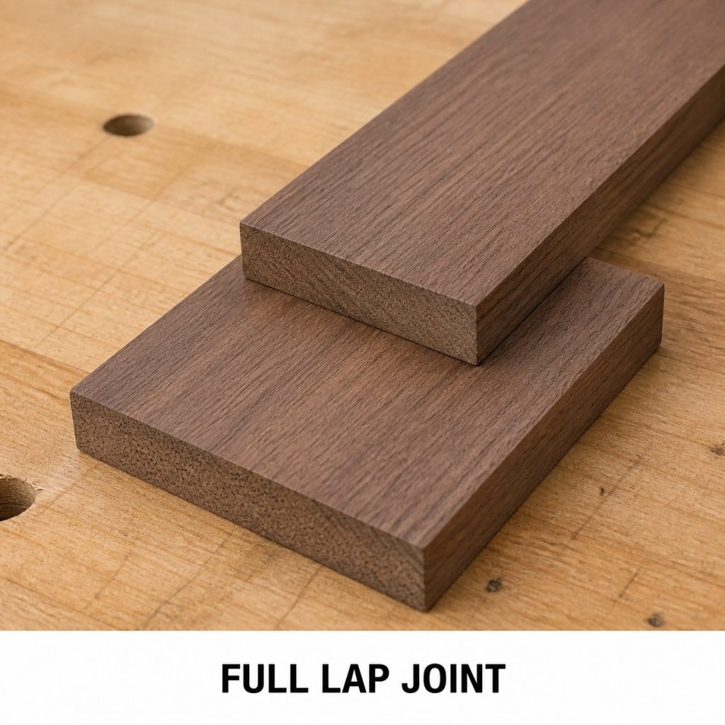 Photorealistic labeled example of Full Lap Joint showing the woodworking connection.