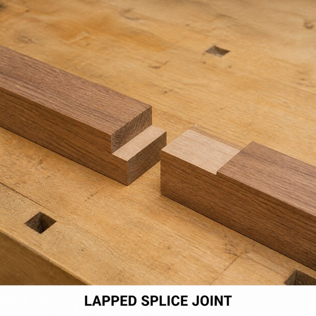 Photorealistic labeled example of Lapped Splice Joint showing the woodworking connection.