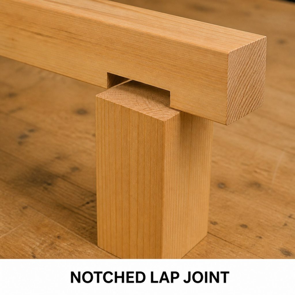 Photorealistic labeled example of Notched Lap Joint showing the woodworking connection.