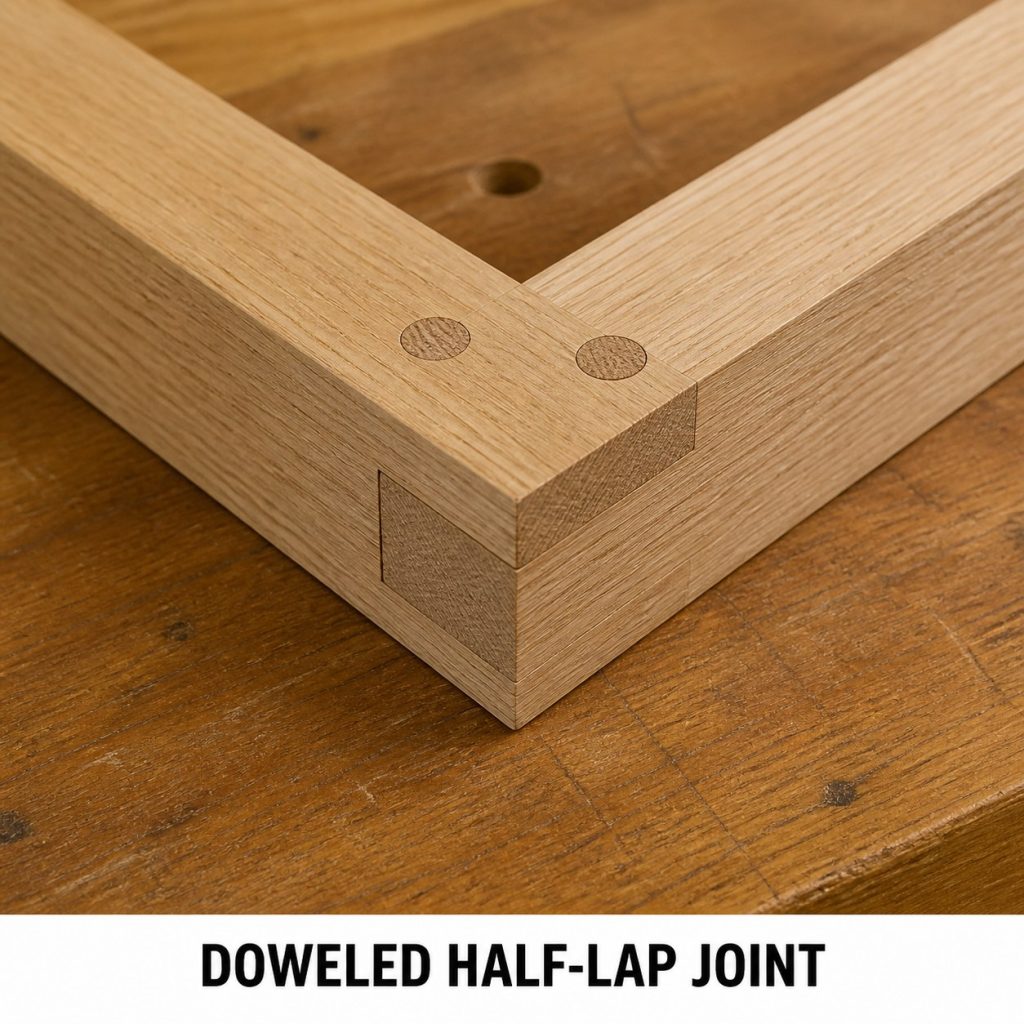 Photorealistic labeled example of Doweled Half-Lap Joint showing the woodworking connection.