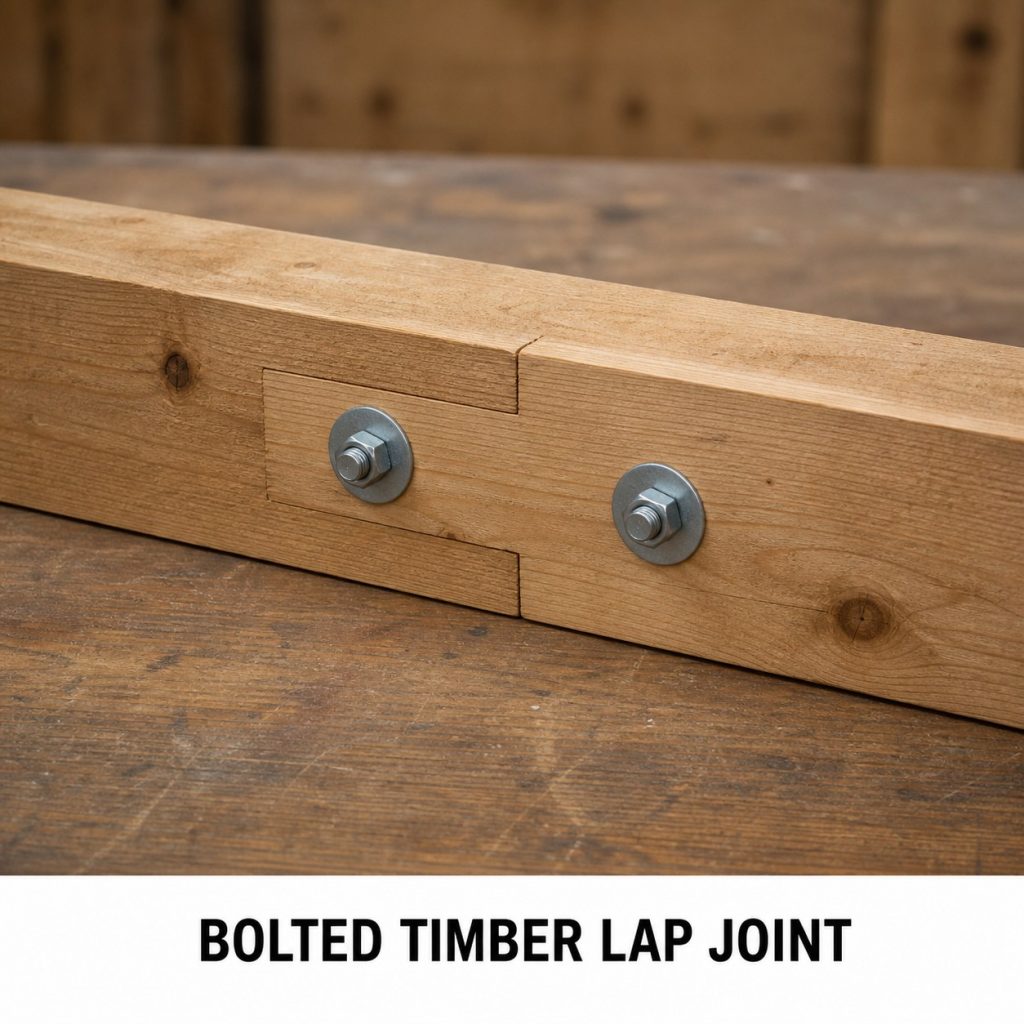 Photorealistic labeled example of Bolted Timber Lap Joint showing the woodworking connection.