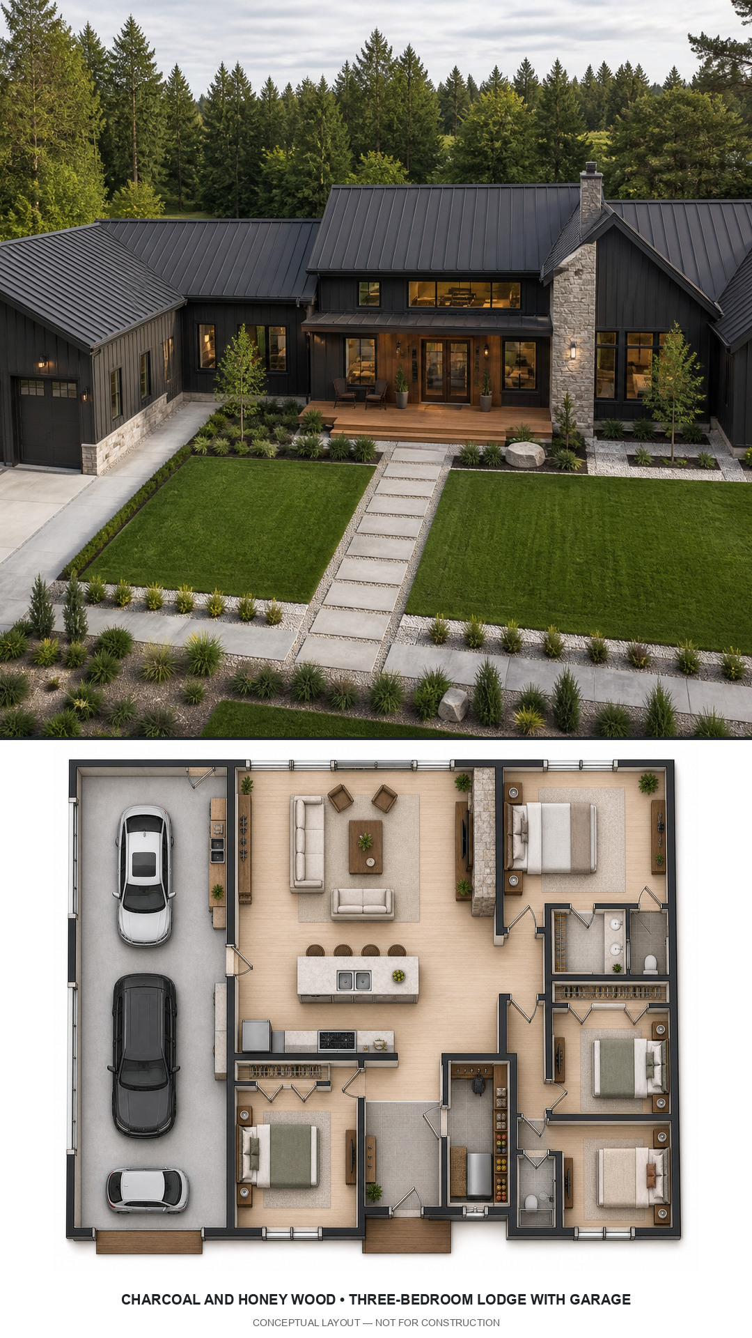 Charcoal and Honey Wood Three-Bedroom Lodge with Garage exterior and furnished conceptual floor plan