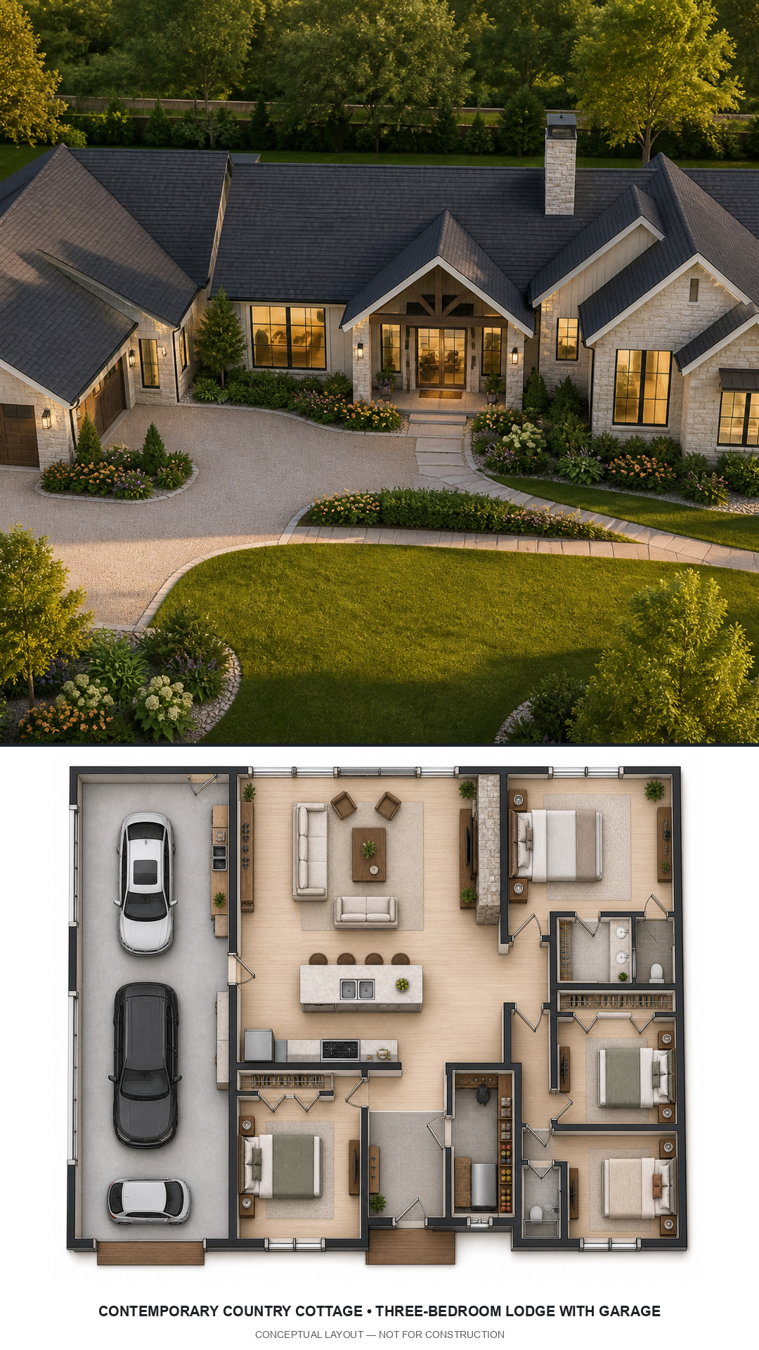 Contemporary Country Cottage Three-Bedroom Lodge with Garage exterior and furnished conceptual floor plan