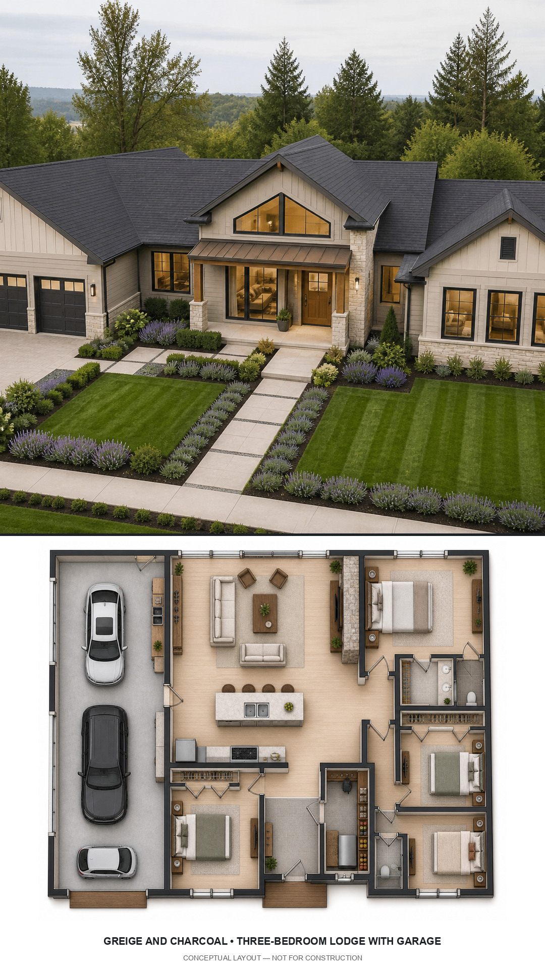 Greige and Charcoal Three-Bedroom Lodge with Garage exterior and furnished conceptual floor plan