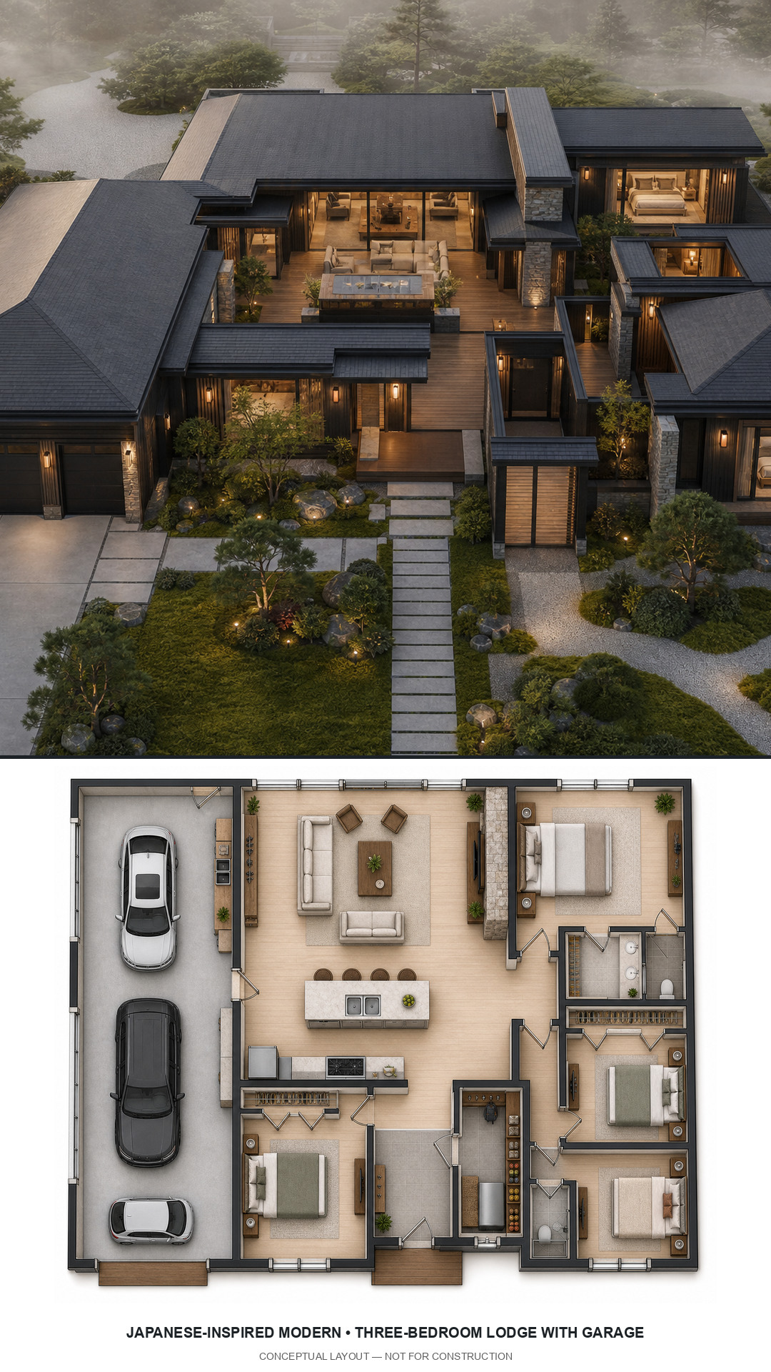 Japanese-Inspired Modern Three-Bedroom Lodge with Garage exterior and furnished conceptual floor plan