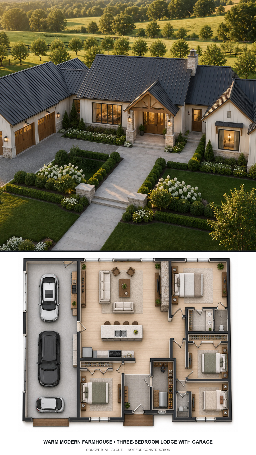 Warm Modern Farmhouse Three-Bedroom Lodge with Garage exterior and furnished conceptual floor plan