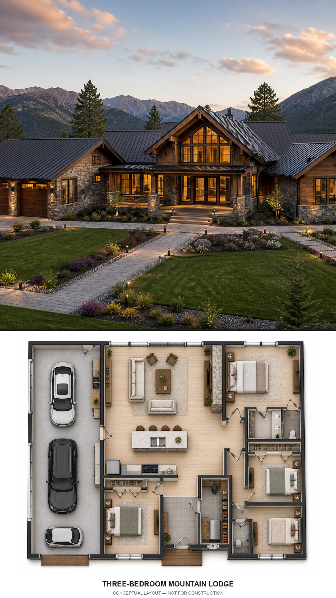 Three-Bedroom Mountain Lodge exterior and conceptual floor plan