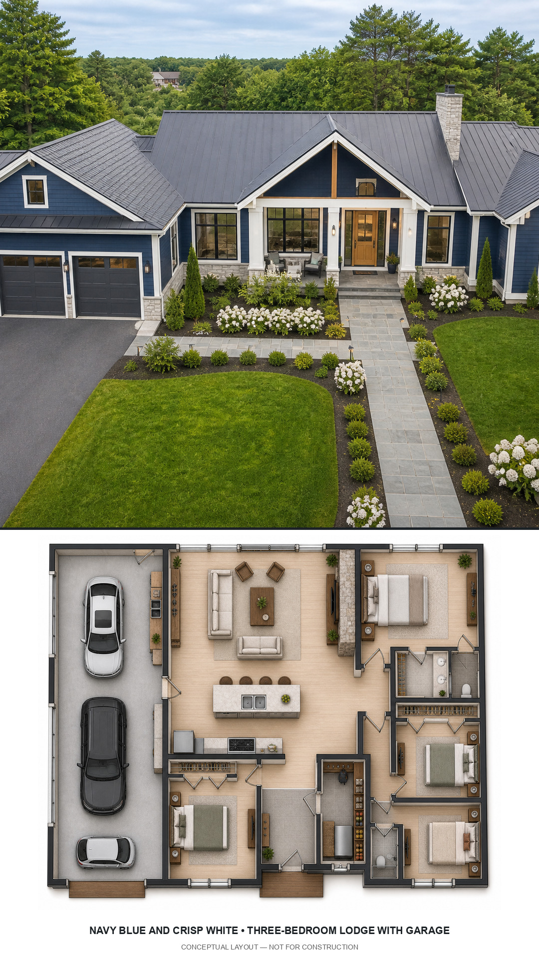 Navy Blue and Crisp White Three-Bedroom Lodge with Garage exterior and furnished conceptual floor plan