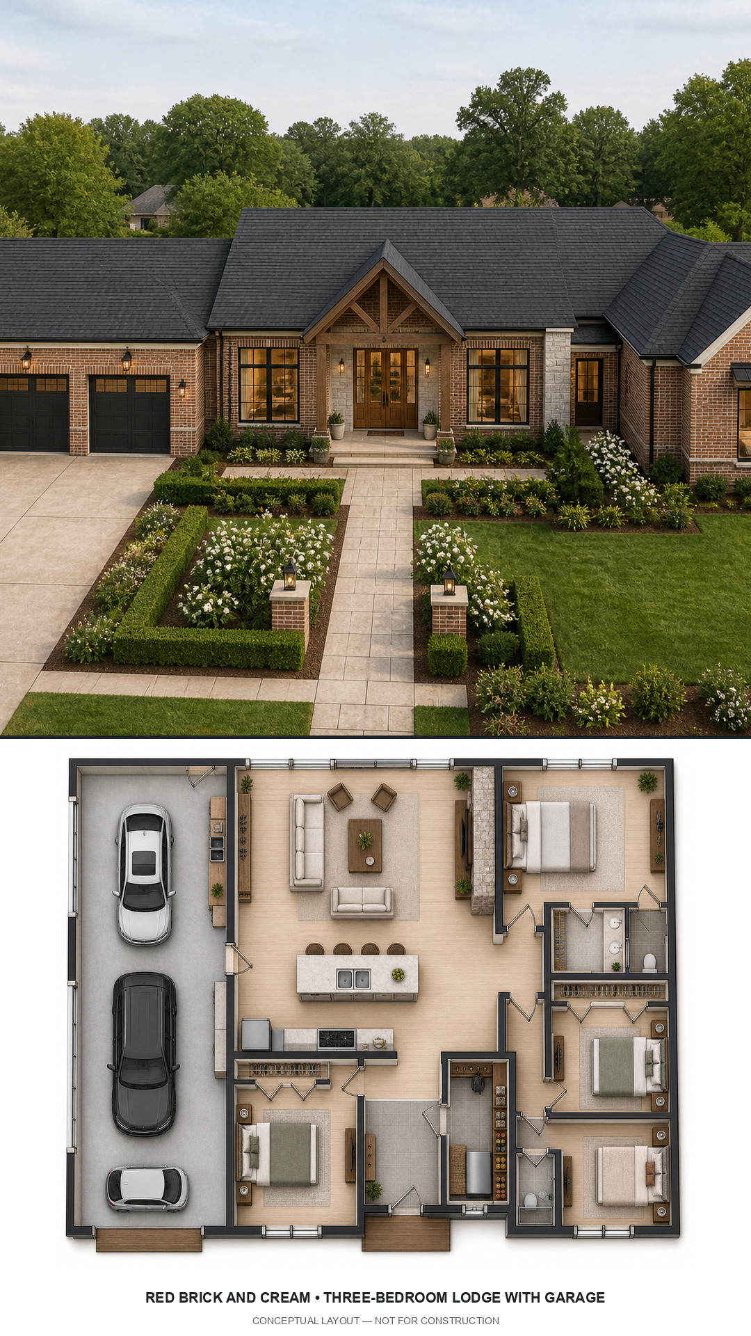 Red Brick and Cream Three-Bedroom Lodge with Garage exterior and furnished conceptual floor plan