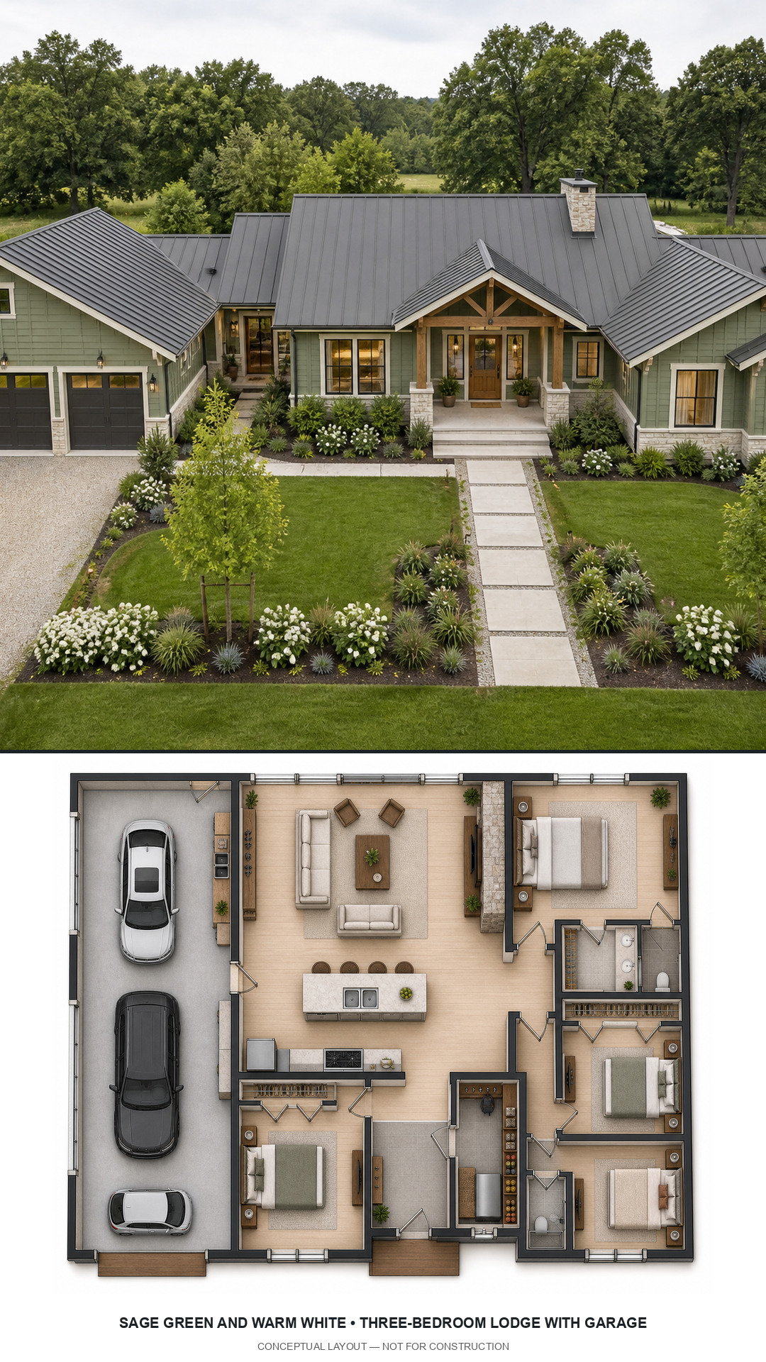 Sage Green and Warm White Three-Bedroom Lodge with Garage exterior and furnished conceptual floor plan