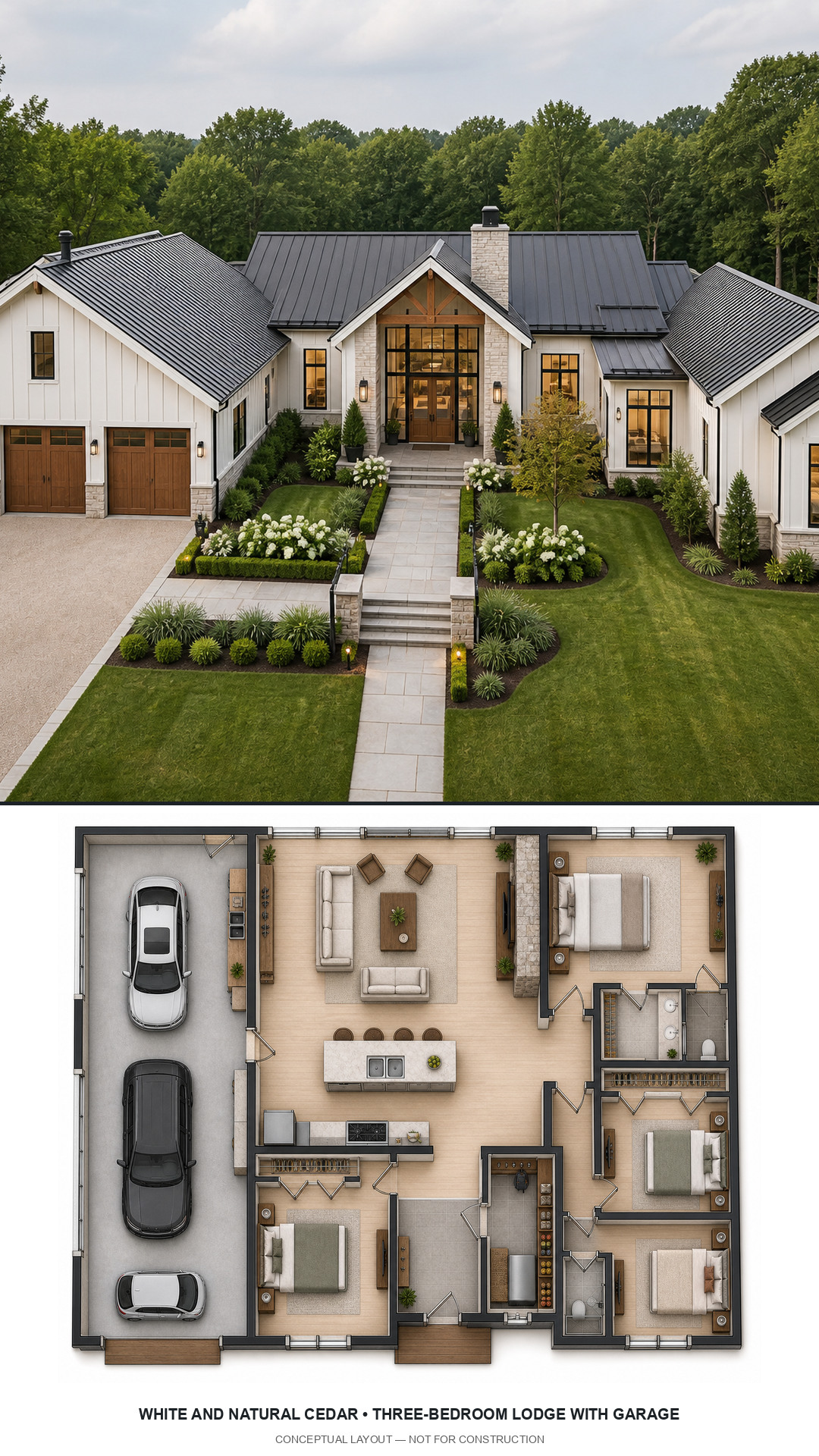 White and Natural Cedar Three-Bedroom Lodge with Garage exterior and furnished conceptual floor plan