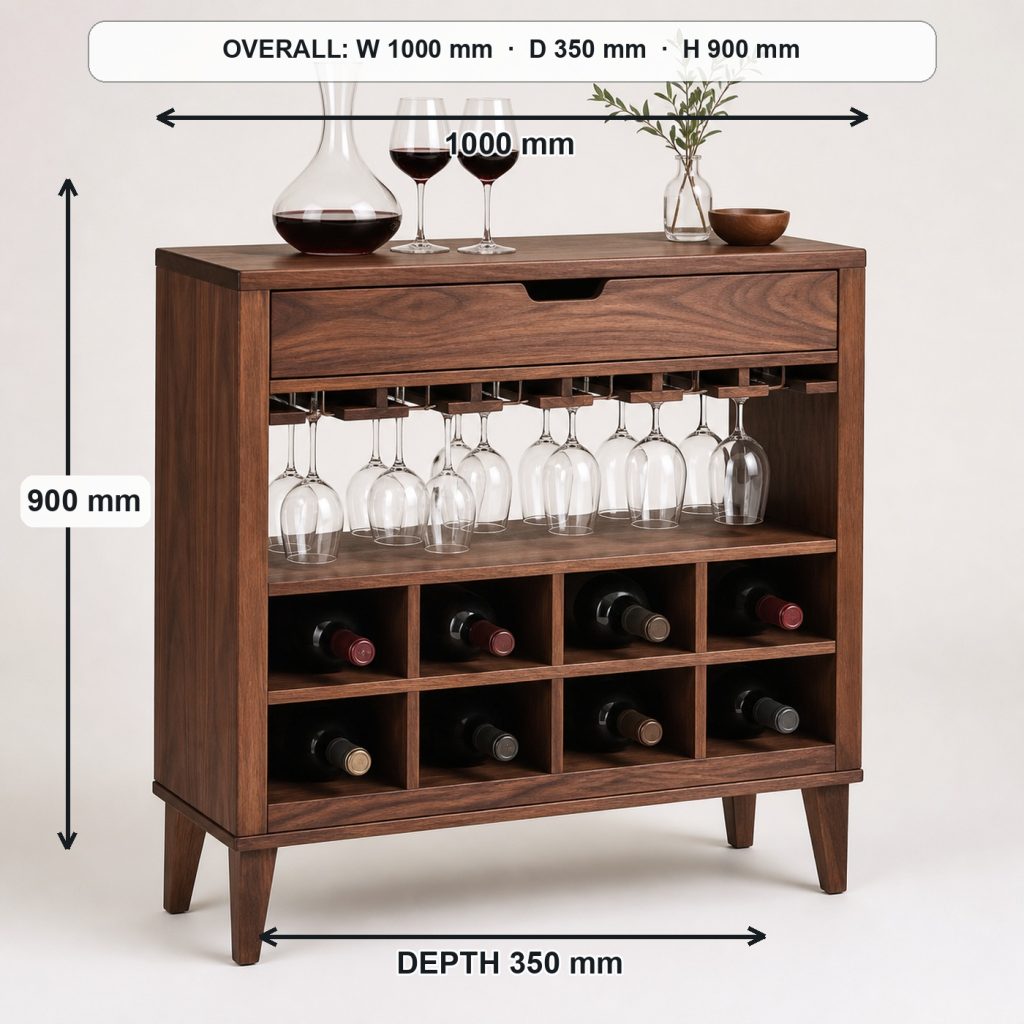 walnut wine rack console complete three-quarter project view, overall dimensions 1000 mm wide × 350 mm deep × 900 mm high