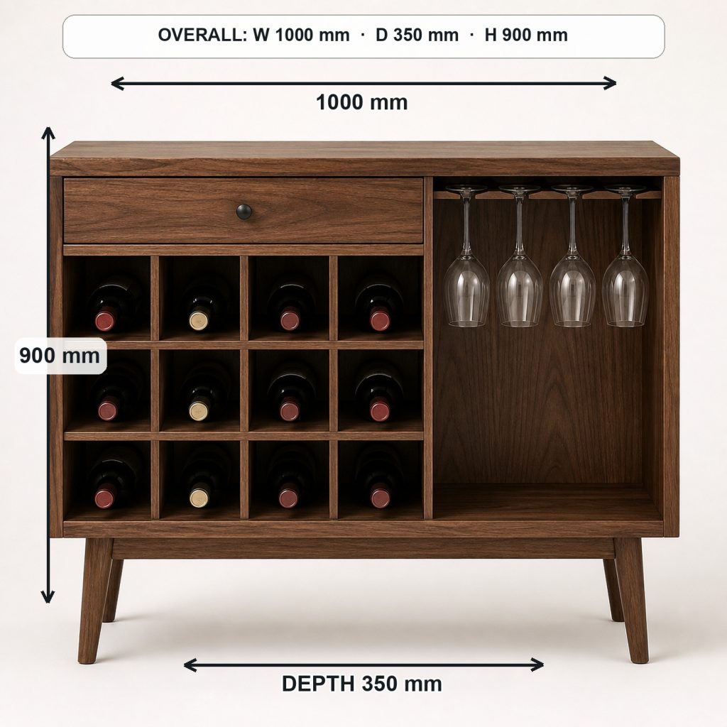 walnut wine rack console front elevation and overall proportions, overall dimensions 1000 mm wide × 350 mm deep × 900 mm high