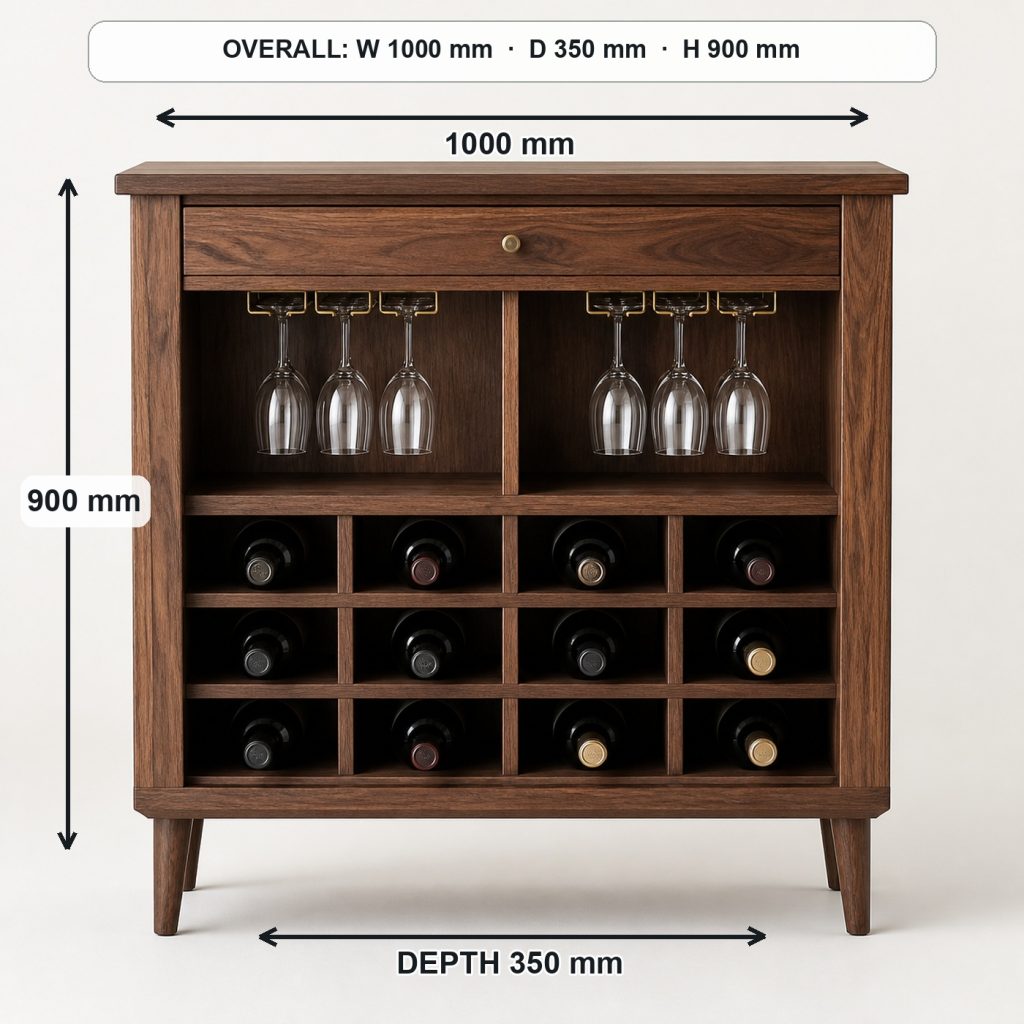 walnut wine rack console side elevation and depth, overall dimensions 1000 mm wide × 350 mm deep × 900 mm high