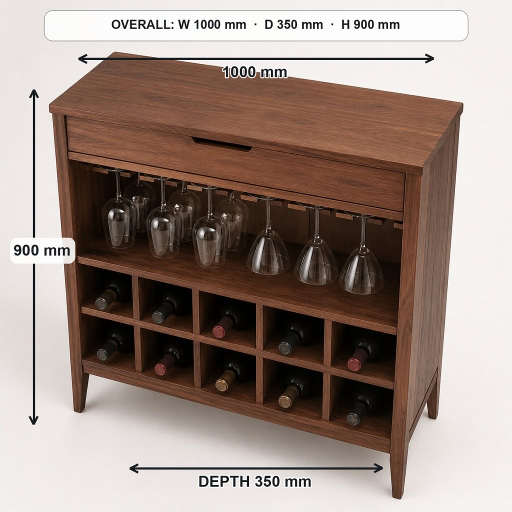 walnut wine rack console top view and usable surface, overall dimensions 1000 mm wide × 350 mm deep × 900 mm high