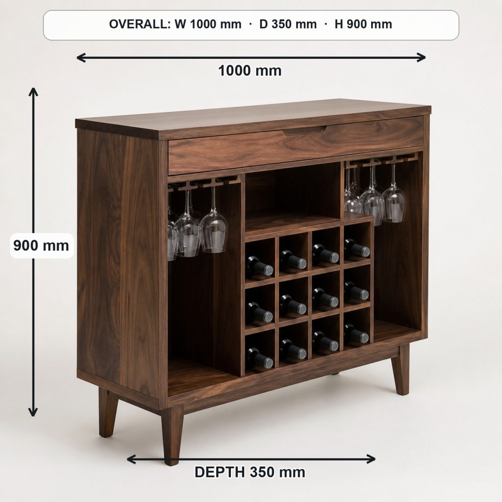 walnut wine rack console rear construction and support, overall dimensions 1000 mm wide × 350 mm deep × 900 mm high