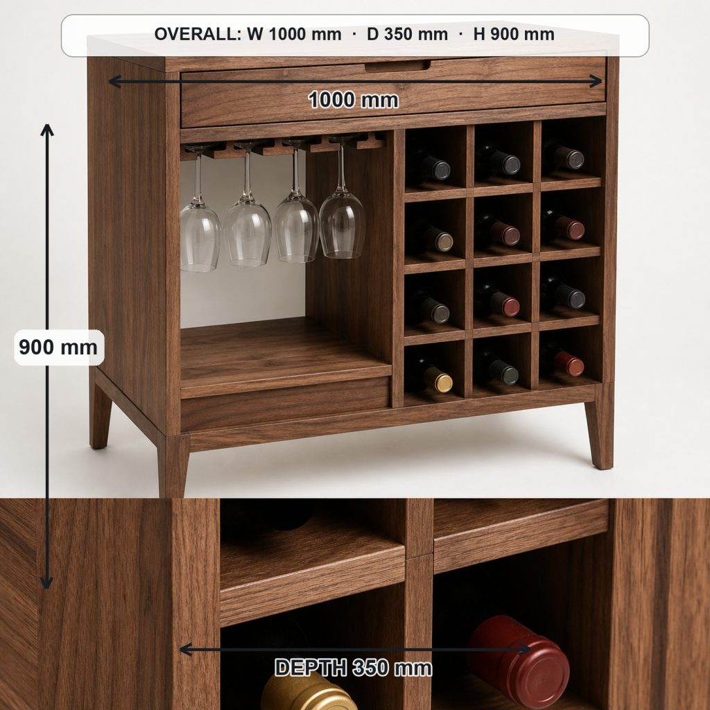 walnut wine rack console primary joinery detail, overall dimensions 1000 mm wide × 350 mm deep × 900 mm high