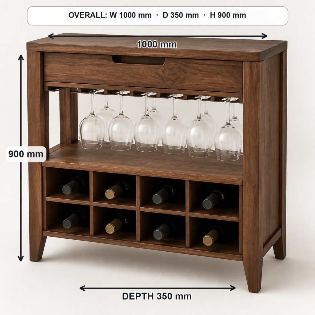 walnut wine rack console storage or functional detail, overall dimensions 1000 mm wide × 350 mm deep × 900 mm high