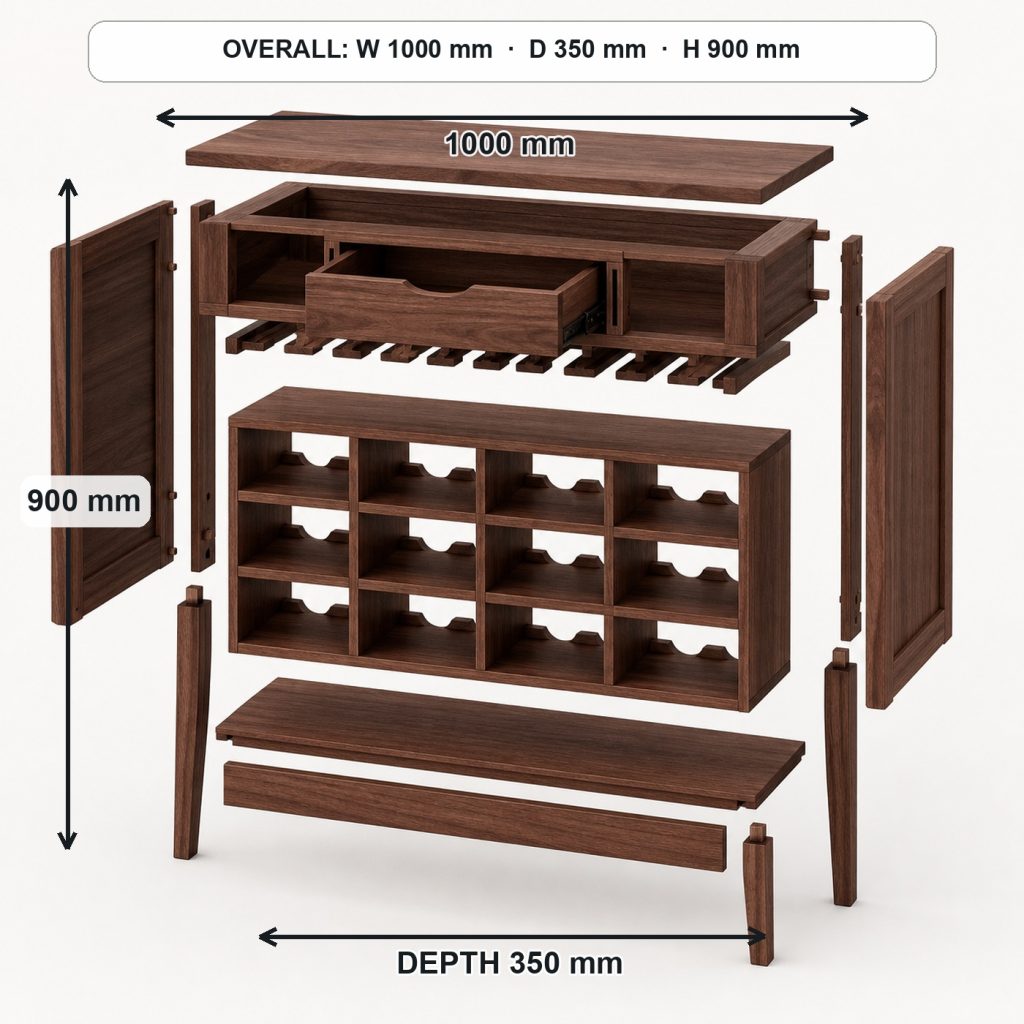 walnut wine rack console exploded construction overview, overall dimensions 1000 mm wide × 350 mm deep × 900 mm high