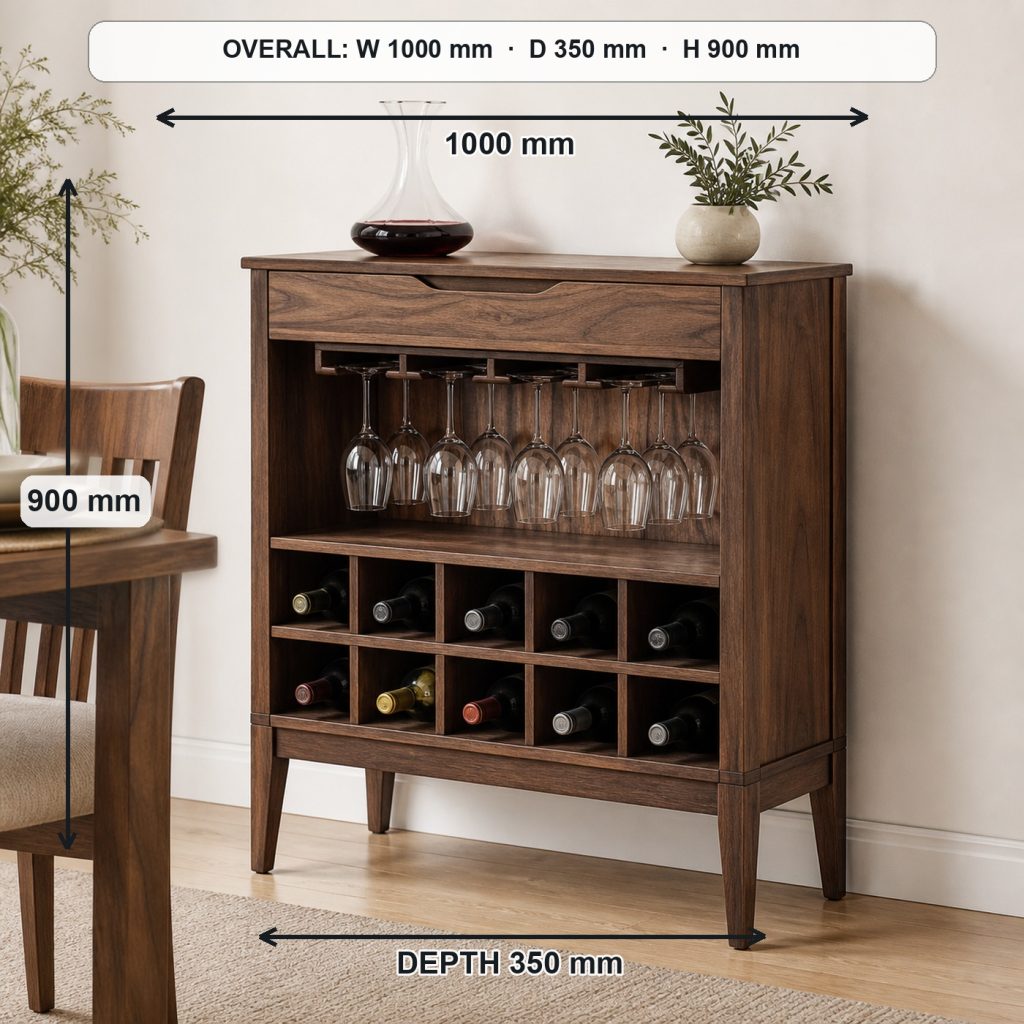 walnut wine rack console project shown in a real room, overall dimensions 1000 mm wide × 350 mm deep × 900 mm high