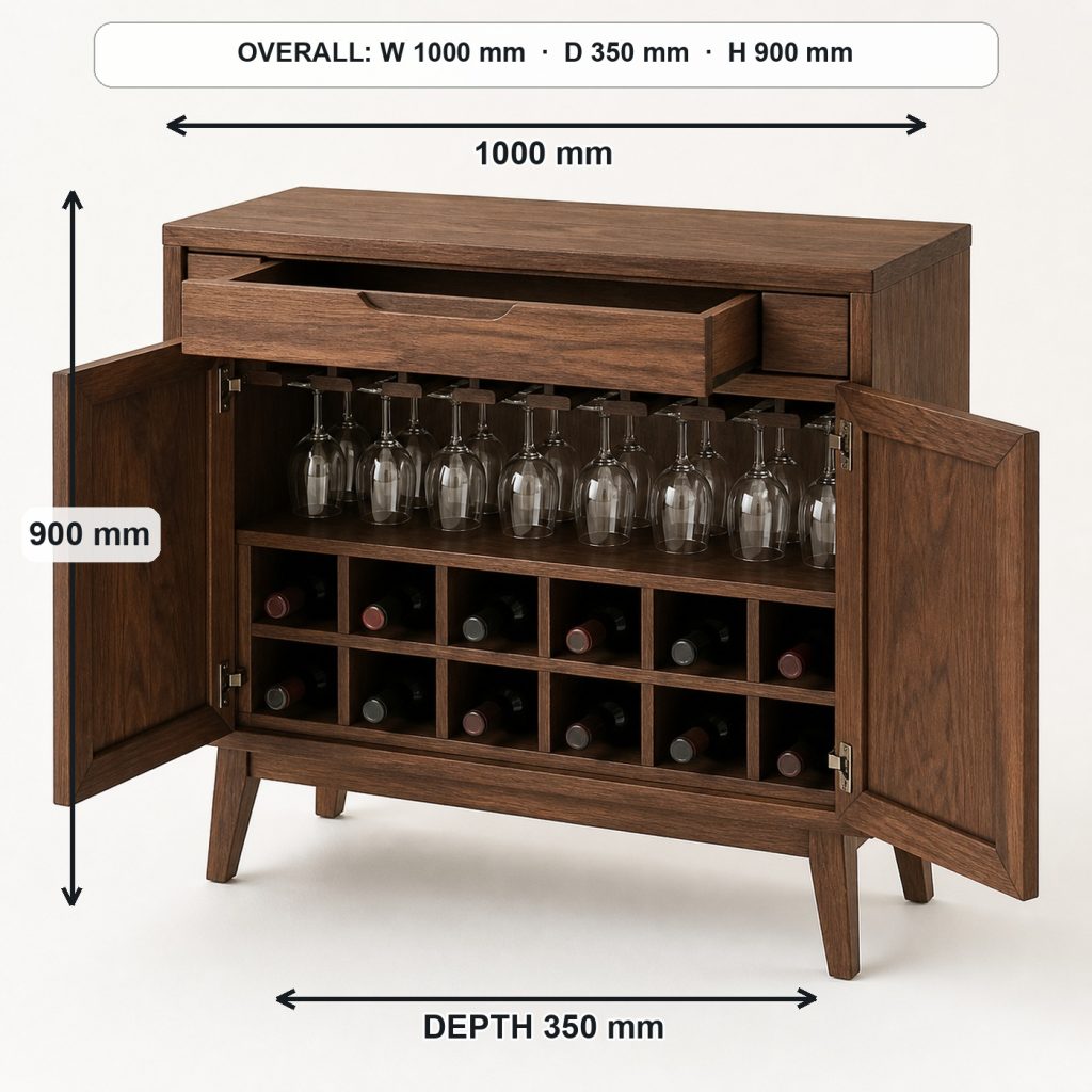 walnut wine rack console finished project variation, overall dimensions 1000 mm wide × 350 mm deep × 900 mm high
