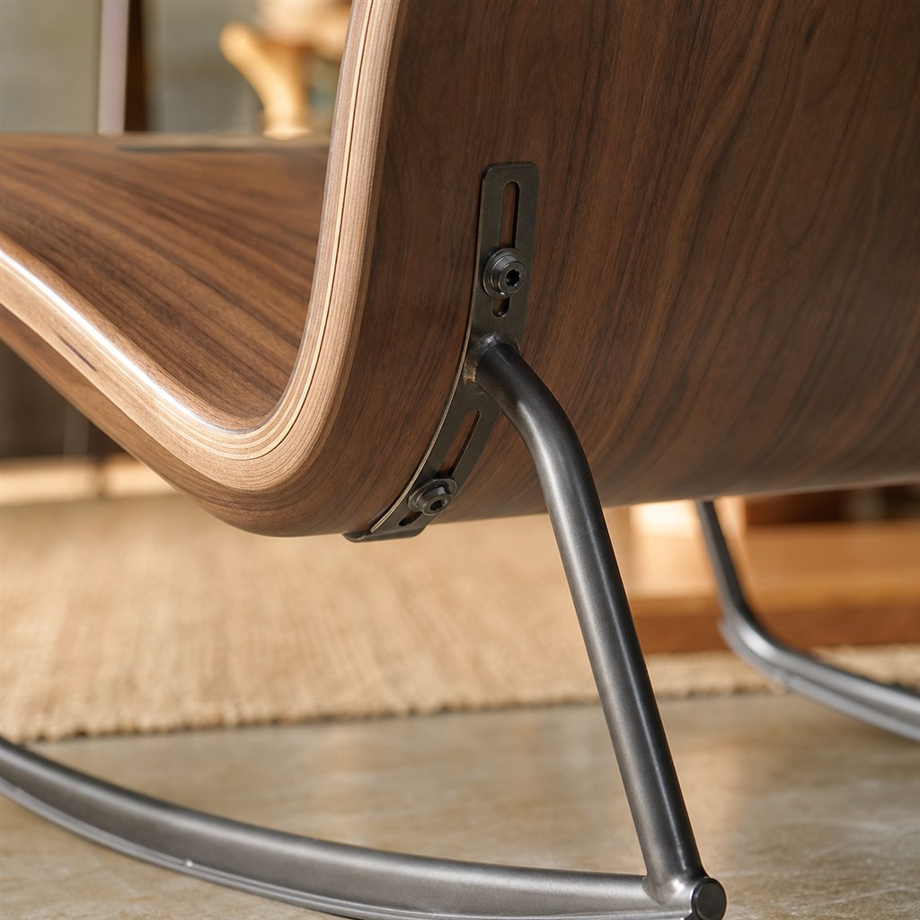 Rocking Chair With a Laminated Wood Seat and Steel Runners - wood-to-steel interface detail