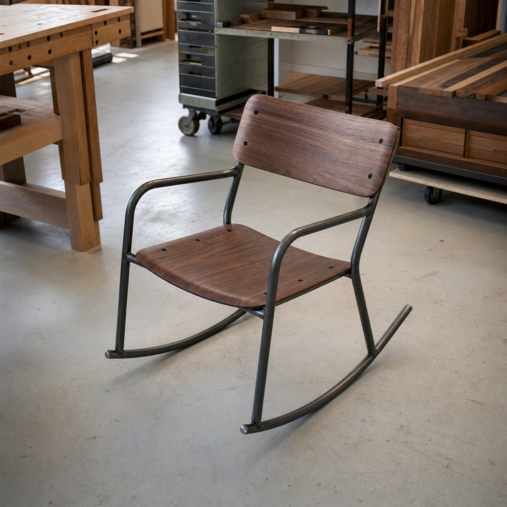 Rocking Chair With a Laminated Wood Seat and Steel Runners - workshop dry-assembly view