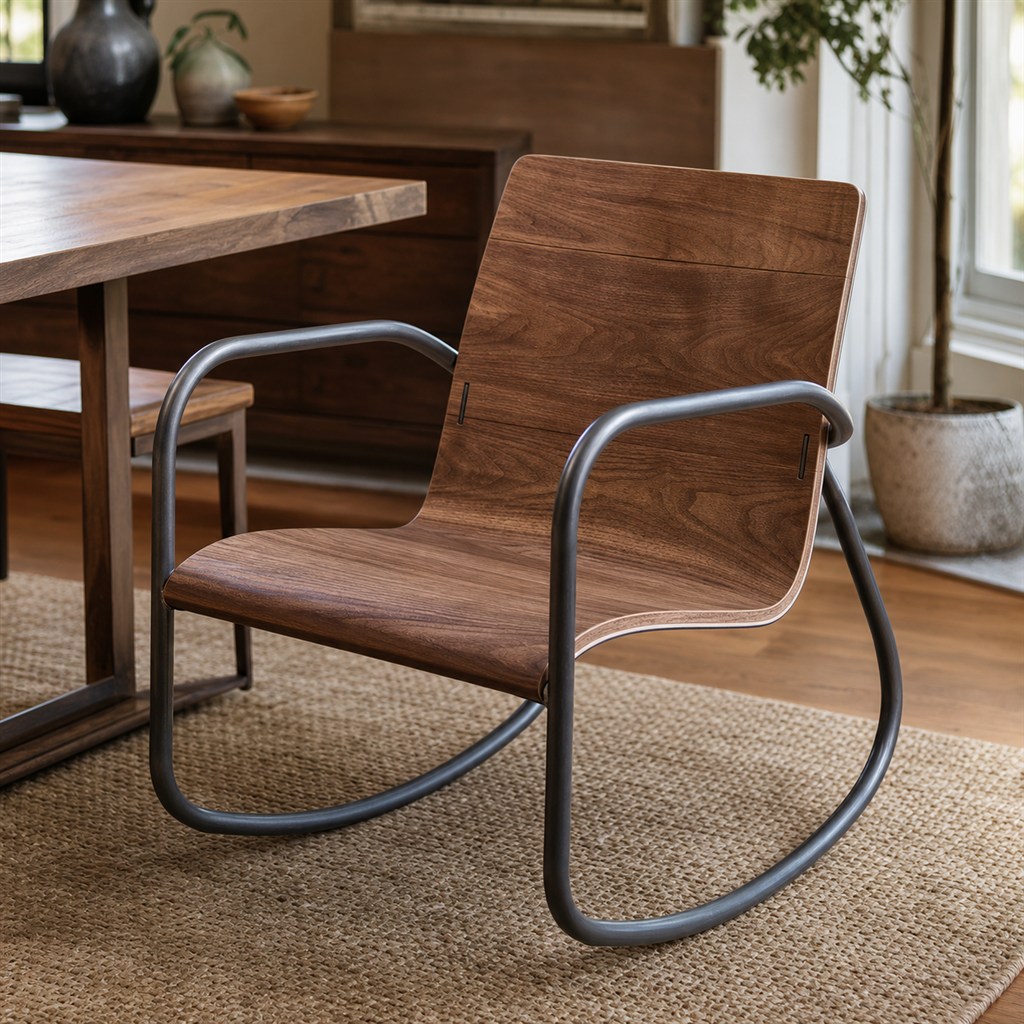 Rocking Chair With a Laminated Wood Seat and Steel Runners - finished material detail