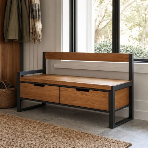 Window Bench With a Steel Frame and Oak Drawer Boxes
