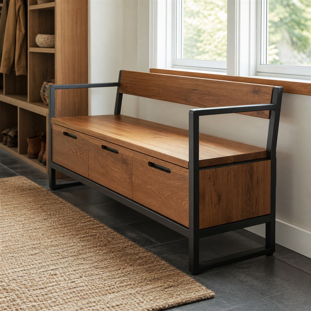 Window Bench With a Steel Frame and Oak Drawer Boxes - alternate full view