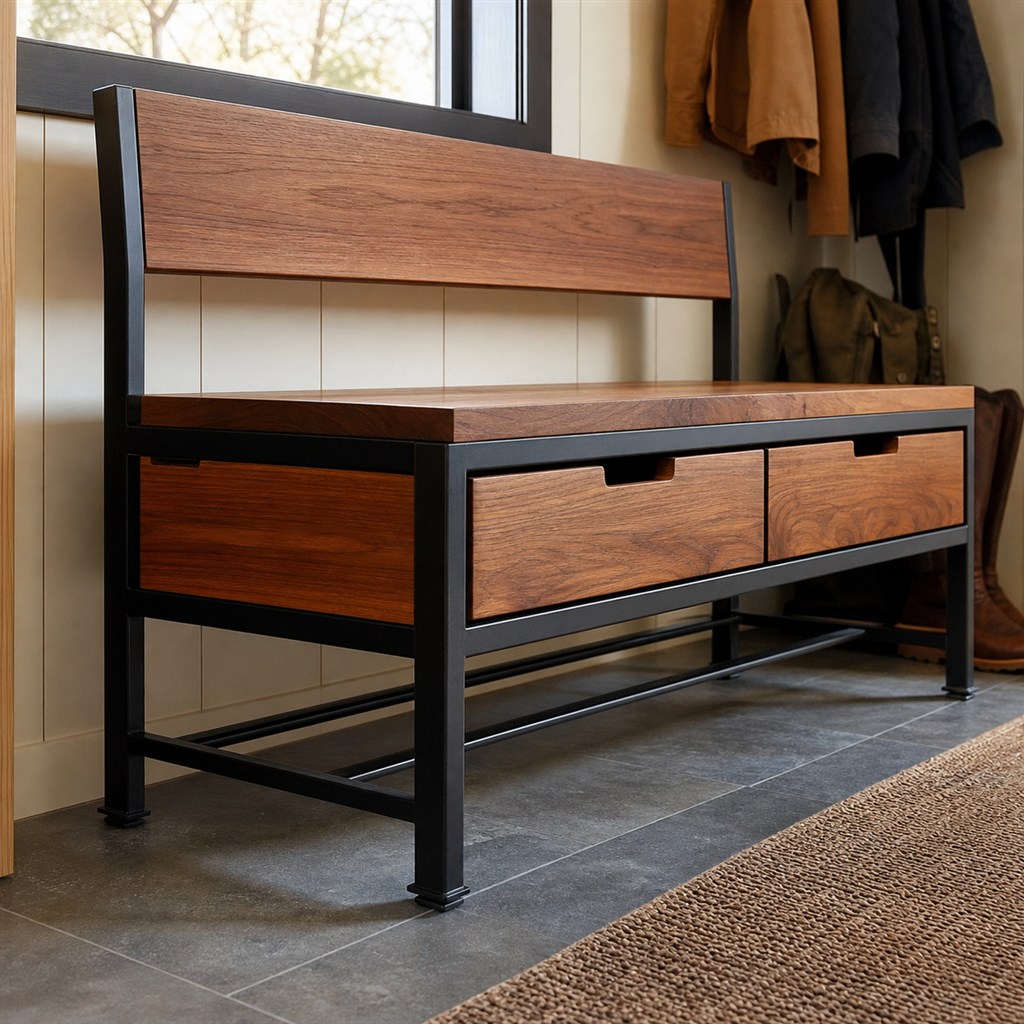 Window Bench With a Steel Frame and Oak Drawer Boxes - steel-frame detail