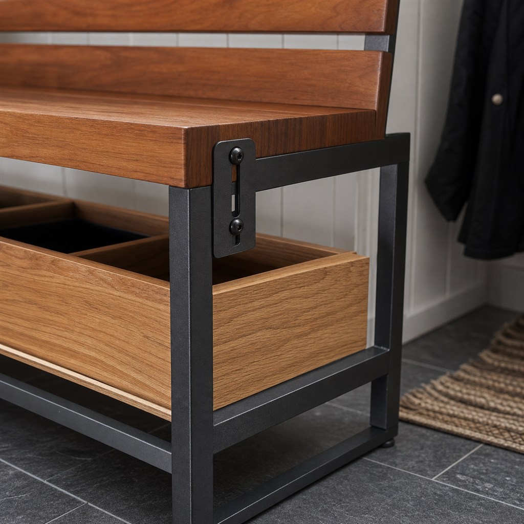 Window Bench With a Steel Frame and Oak Drawer Boxes - wood-to-steel interface detail