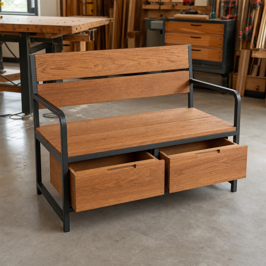 Window Bench With a Steel Frame and Oak Drawer Boxes - workshop dry-assembly view
