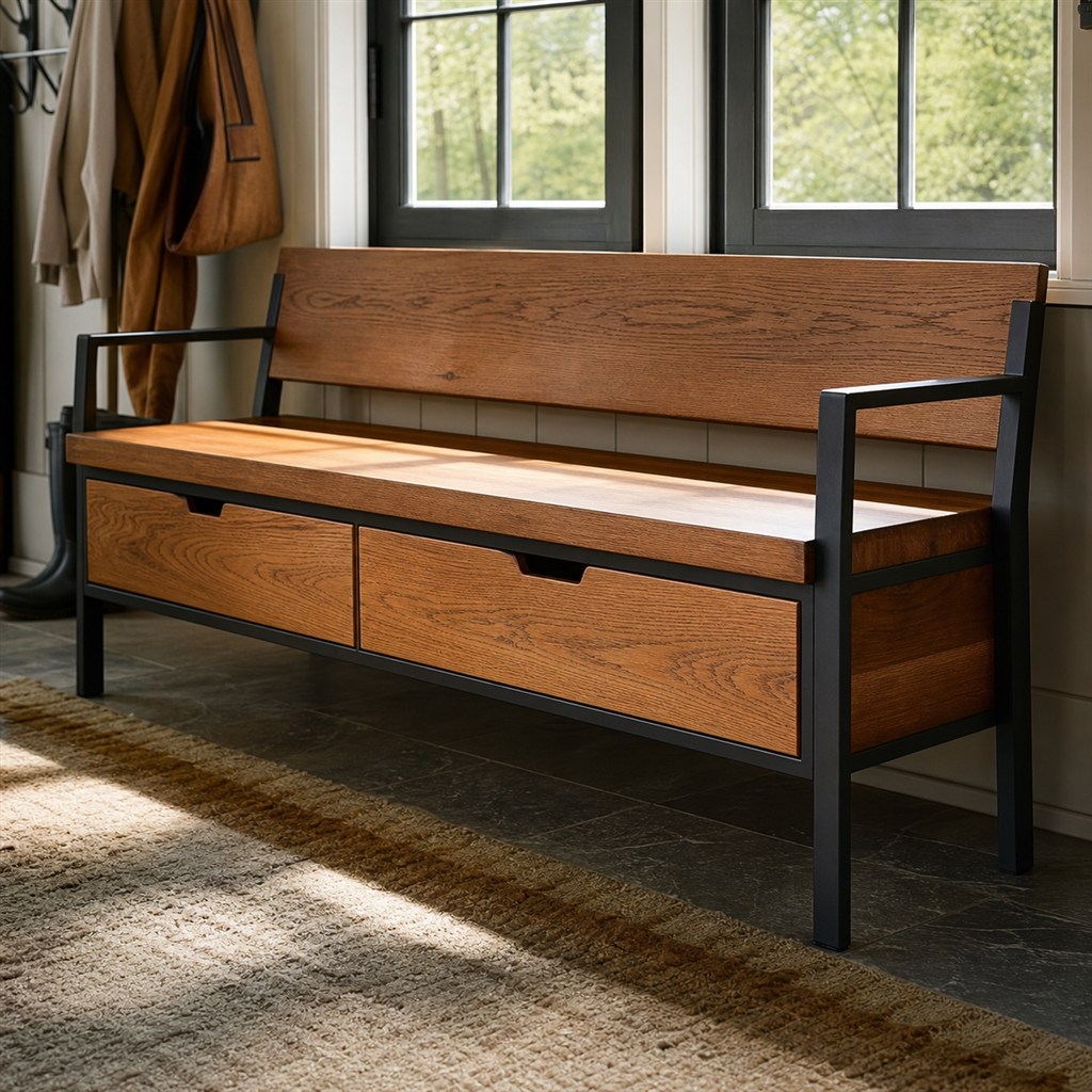 Window Bench With a Steel Frame and Oak Drawer Boxes - finished material detail