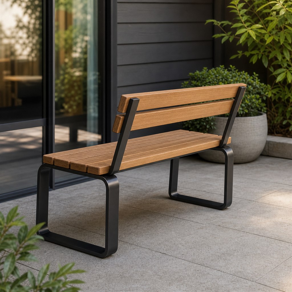 Garden Bench With Teak Slats and Powder-Coated Steel - alternate full view