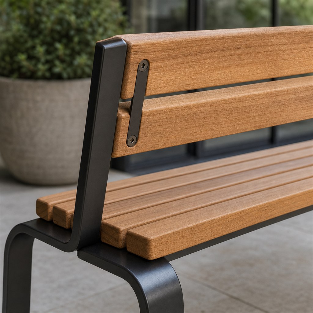 Garden Bench With Teak Slats and Powder-Coated Steel - wood-to-steel interface detail
