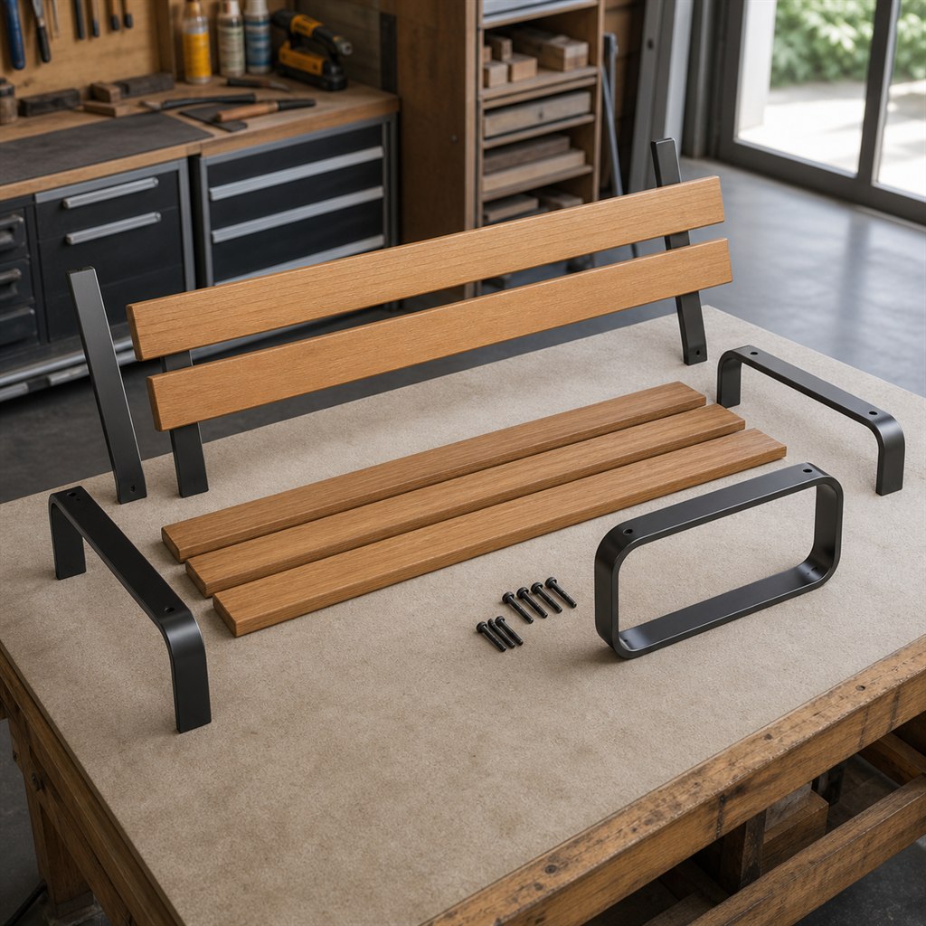 Garden Bench With Teak Slats and Powder-Coated Steel - workshop dry-assembly view