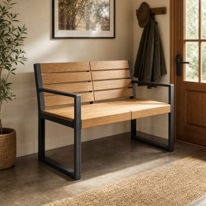 Industrial Loveseat With Oak Slats and Steel Arms