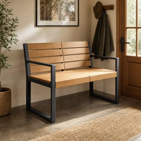 Industrial Loveseat With Oak Slats and Steel Arms