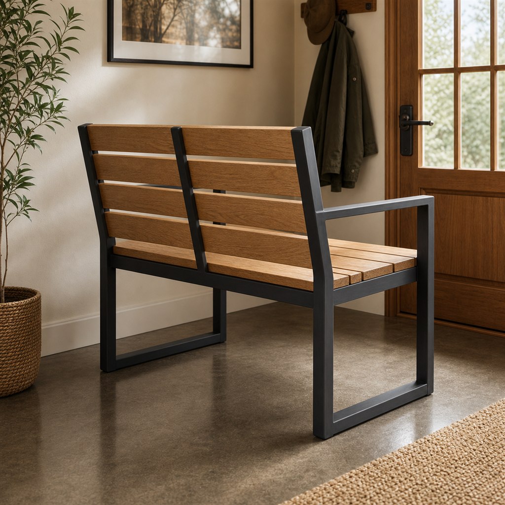 Industrial Loveseat With Oak Slats and Steel Arms - alternate full view