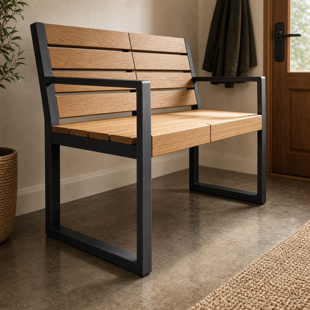 Industrial Loveseat With Oak Slats and Steel Arms - steel-frame detail